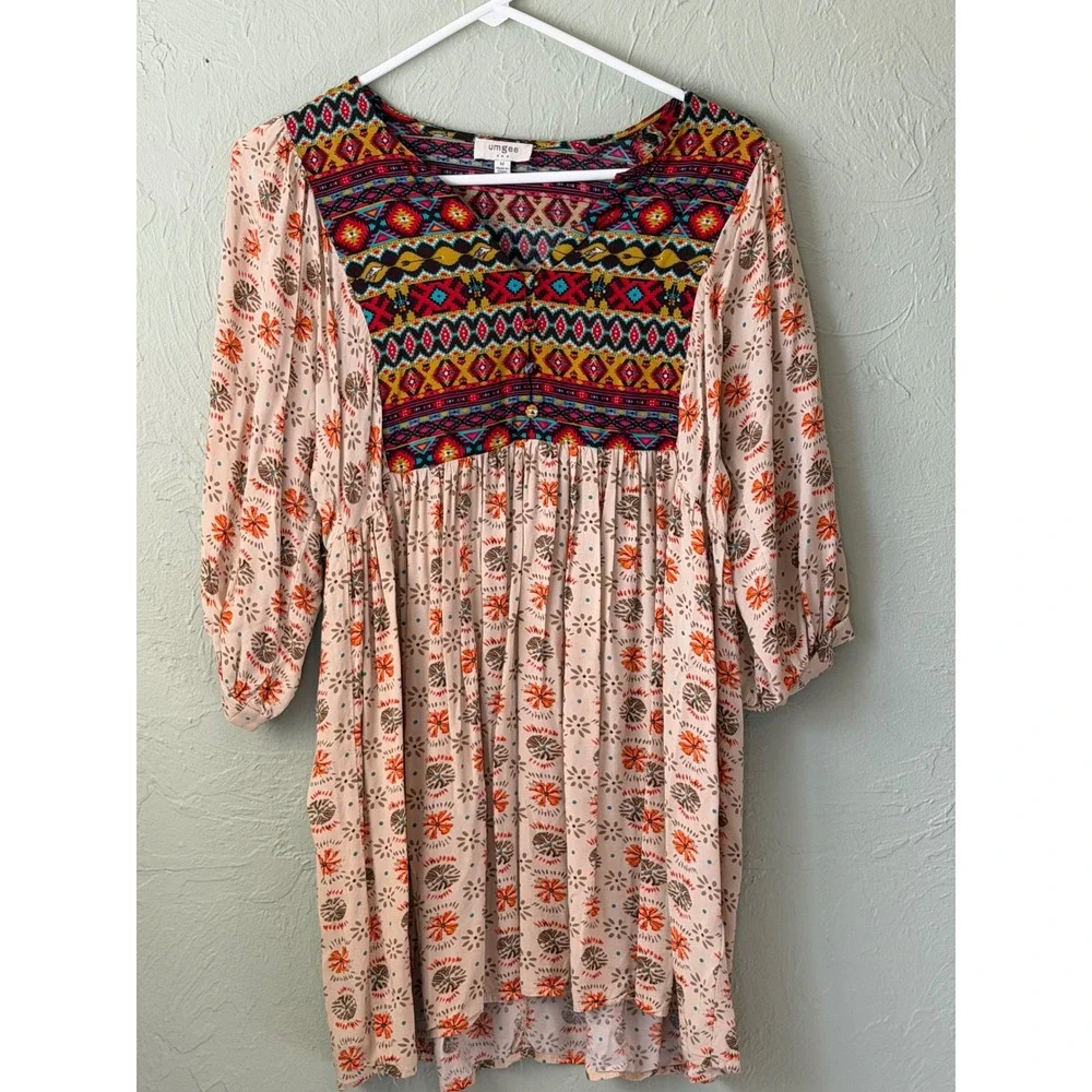 Umgee Boho Mixed Print Babydoll Tunic Dress Womens Pink Geometric M - Picture 1 of 6